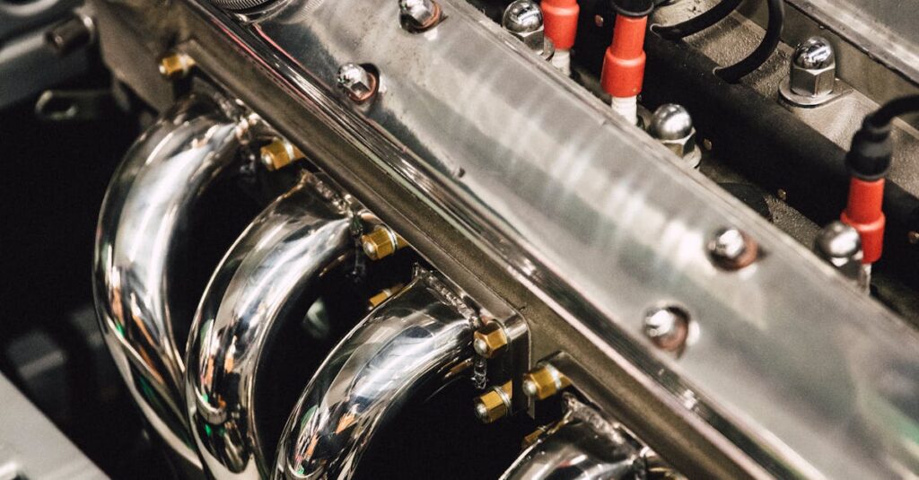 Detailed view of a polished chrome engine, showcasing luxury automotive design.